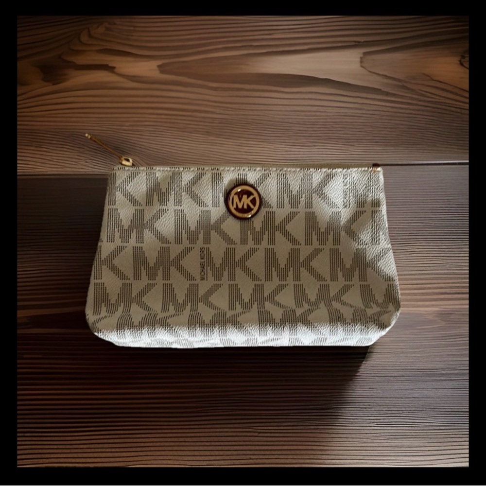 Michael Kors Light Beige MK Monogram Zip Pouch with Gold Logo